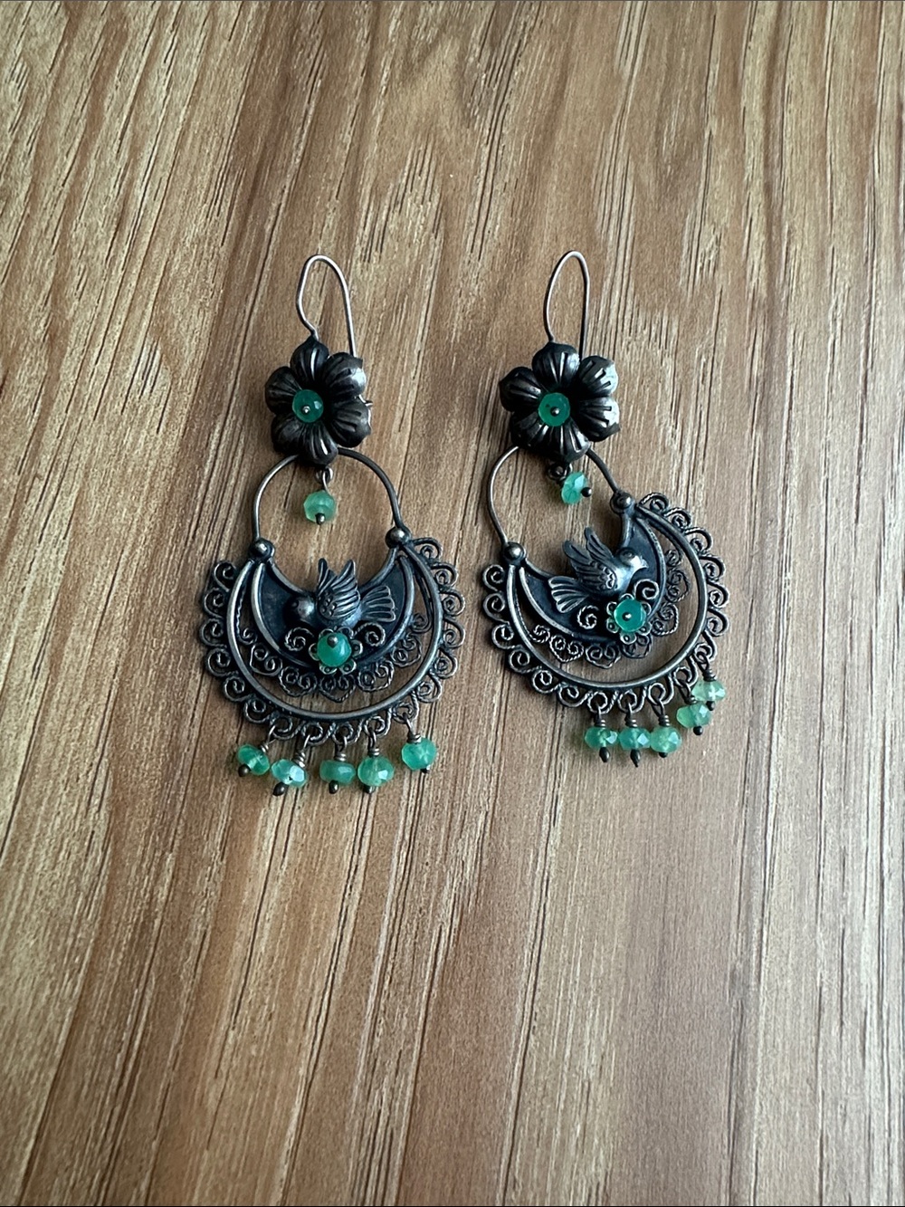 Green Bead Sterling Silver Floral & Bird Drop Earrings